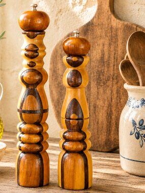 Rare Vintage Signed Sculptural Handcrafted Artisan Wood Salt & Pepper Mill Set